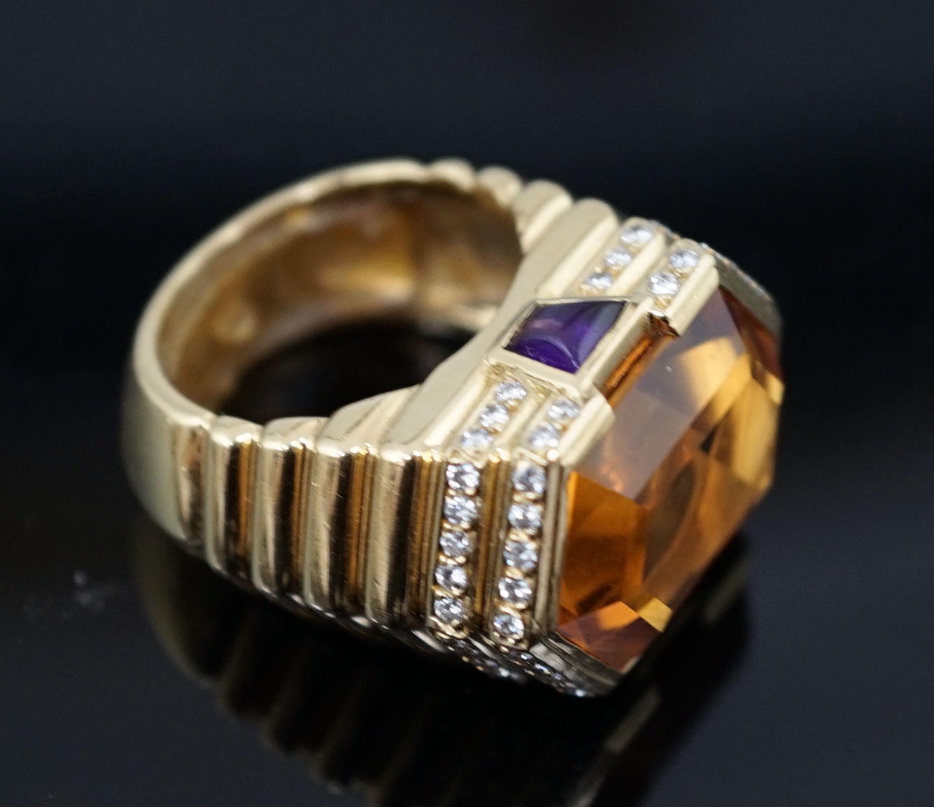 A late 20th century French 18ct gold and single stone hexagonal cut citrine set dress ring